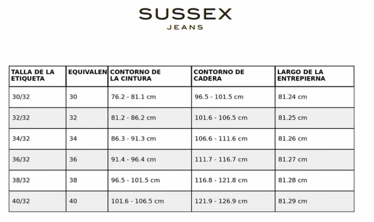 Guía de tallas Sussex Jeans en centímetros